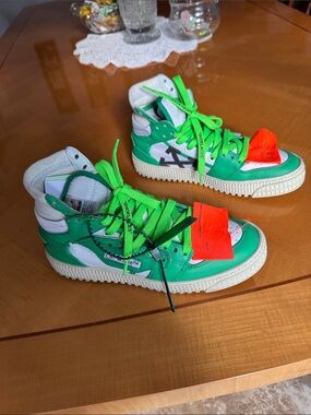 Off-White  Neon Green and White High-Top Sneakers size 37